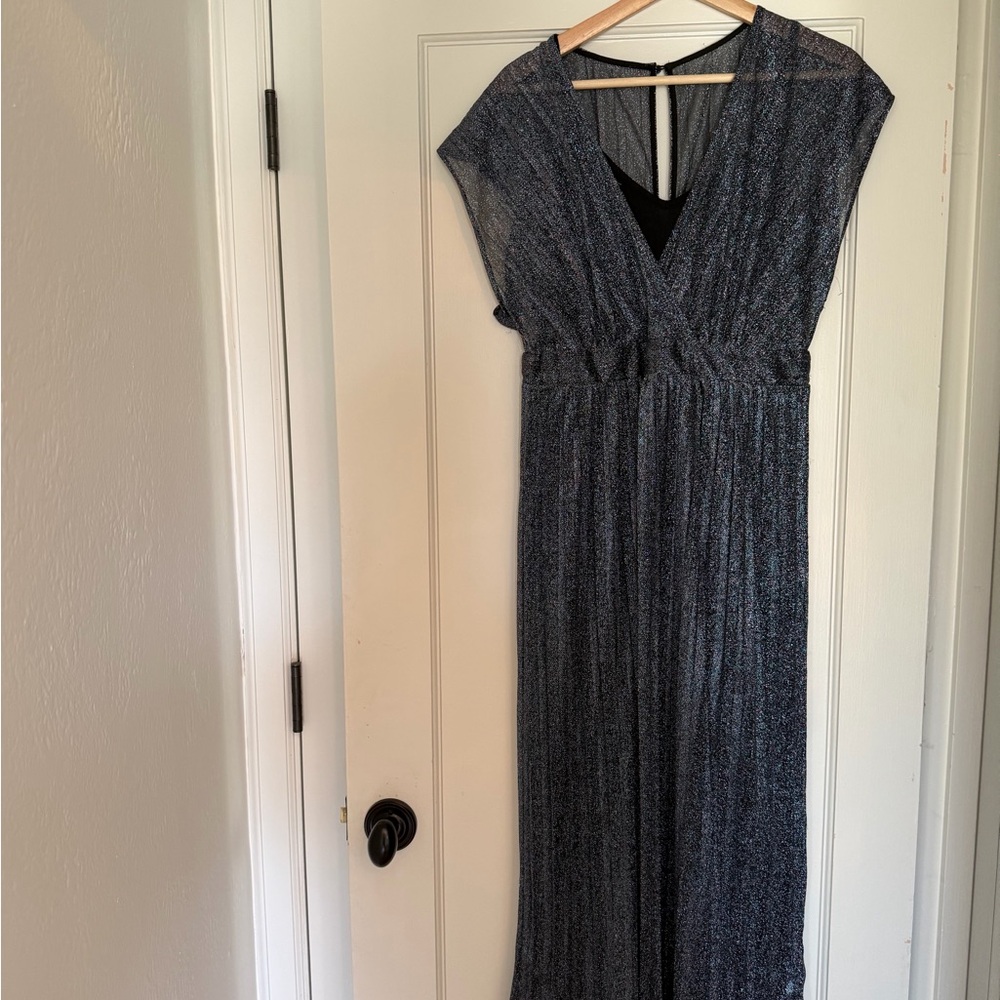 Moulinette Soeurs Navy Metallic V-Neck Pleated Maxi Dress